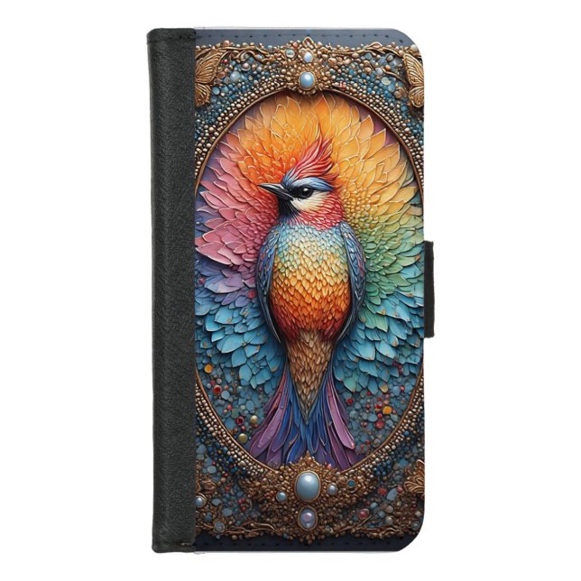 Golden Bird in Ornate Decorative Frame iPhone Wallet Case (Front)
