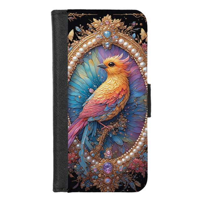 Golden Bird in Ornate Decorative Frame iPhone Wallet Case (Front)