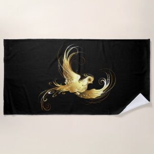 Golden Bird on Black Background Beach Towel