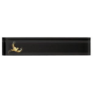 Golden Bird on Black Background Desk Name Plate