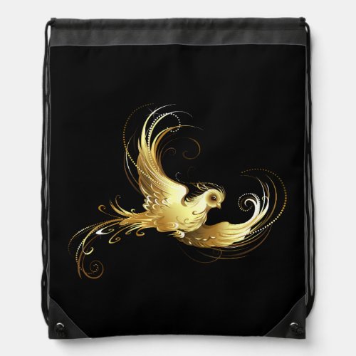 Golden Bird on Black Background Drawstring Bag