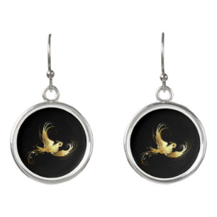 Golden Bird on Black Background Earrings