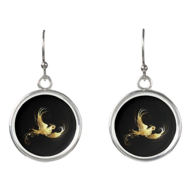 Golden Bird on Black Background Earrings (Front)