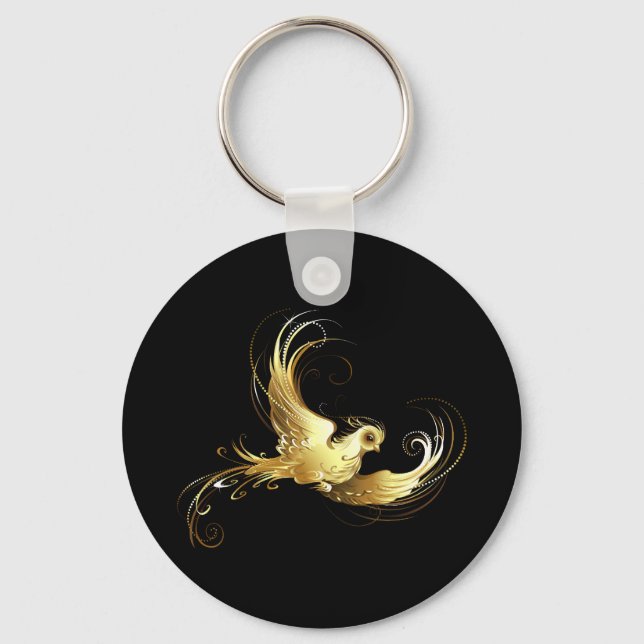 Golden Bird on Black Background Keychain (Front)