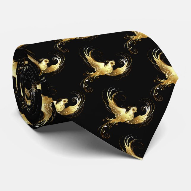 Golden Bird on Black Background Neck Tie (Rolled)