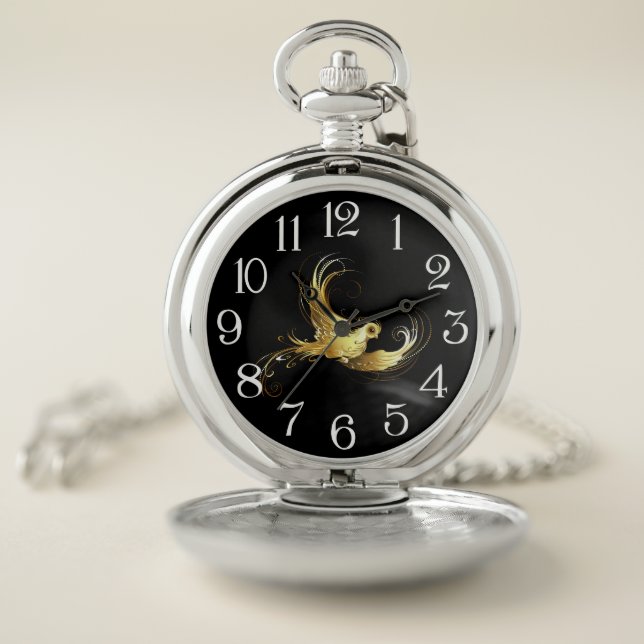 Golden Bird on Black Background Pocket Watch (Inside)