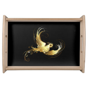 Golden Bird on Black Background Serving Tray