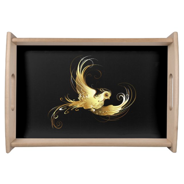 Golden Bird on Black Background Serving Tray (Front)