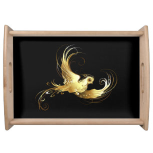 Golden Bird on Black Background Serving Tray