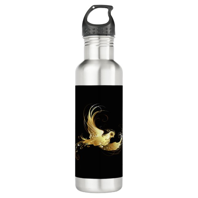 Golden Bird on Black Background Stainless Steel Water Bottle (Front)