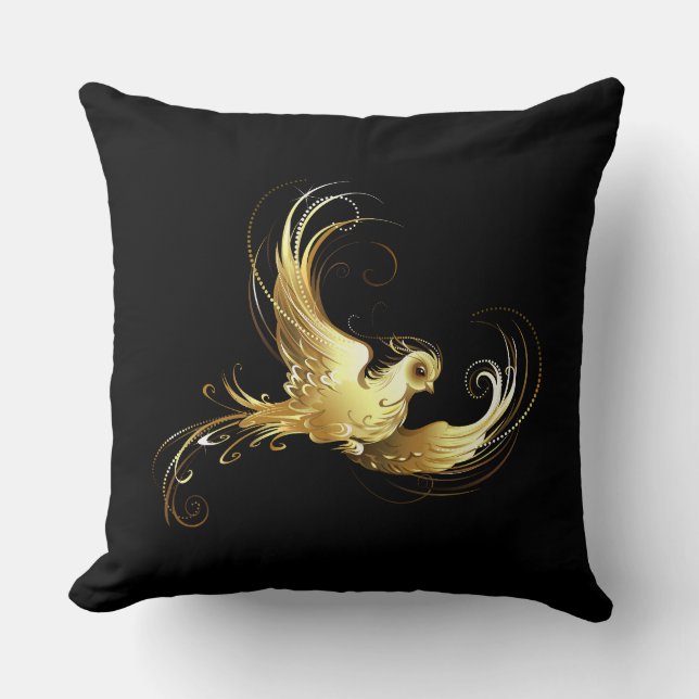 Golden Bird on Black Background Throw Pillow (Front)