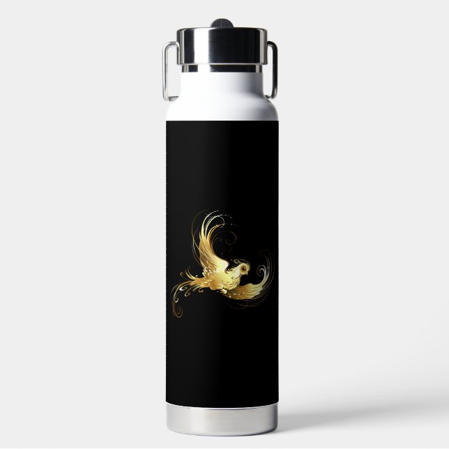 Golden Bird on Black Background Water Bottle (Front)