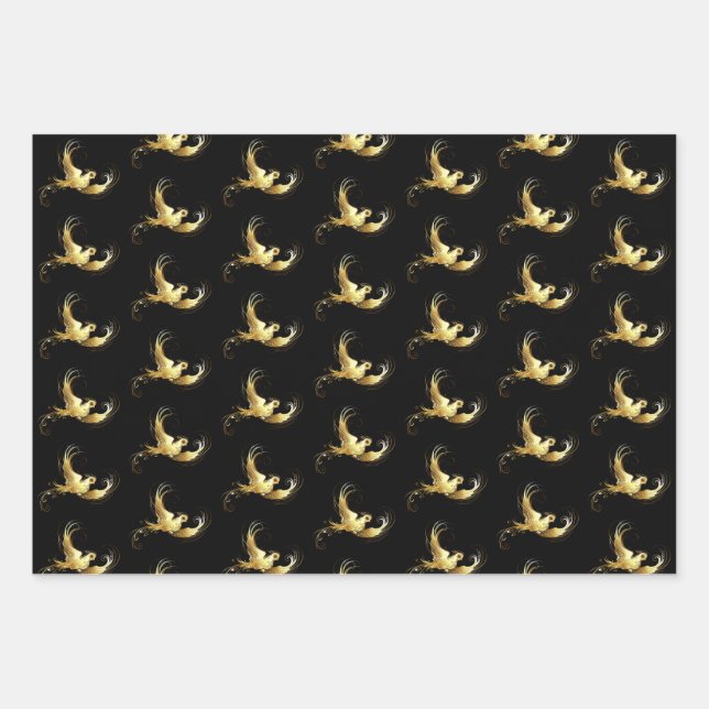 Golden Bird on Black Background Wrapping Paper Sheets (Front)