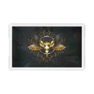 Golden Bird Skull on Black background Acrylic Tray