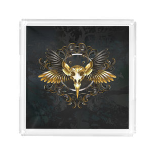 Golden Bird Skull on Black background Acrylic Tray