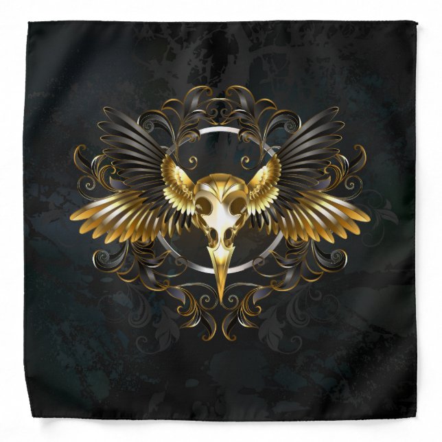 Golden Bird Skull on Black background Bandana (Front)