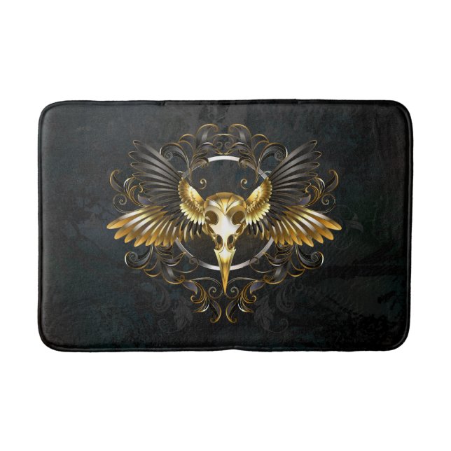 Golden Bird Skull on Black background Bath Mat (Front)