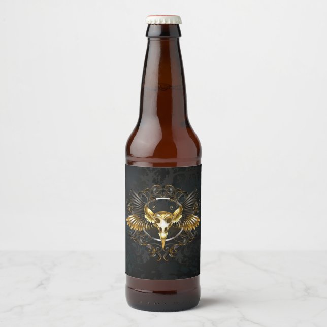 Golden Bird Skull on Black background Beer Bottle Label (Front)