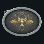 Golden Bird Skull on Black background Belt Buckle<br><div class="desc">Artistically drawn,  symmetrical,  composition of black and gold,  bird wings,  golden,  bird skull decorated with gilded pattern on dark,  textured background.Gothic style</div>