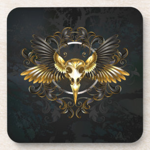 Golden Bird Skull on Black background Beverage Coaster