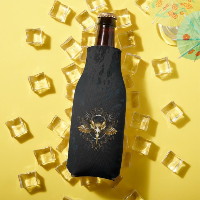 Golden Bird Skull on Black background Bottle Cooler (In Situ Summer)