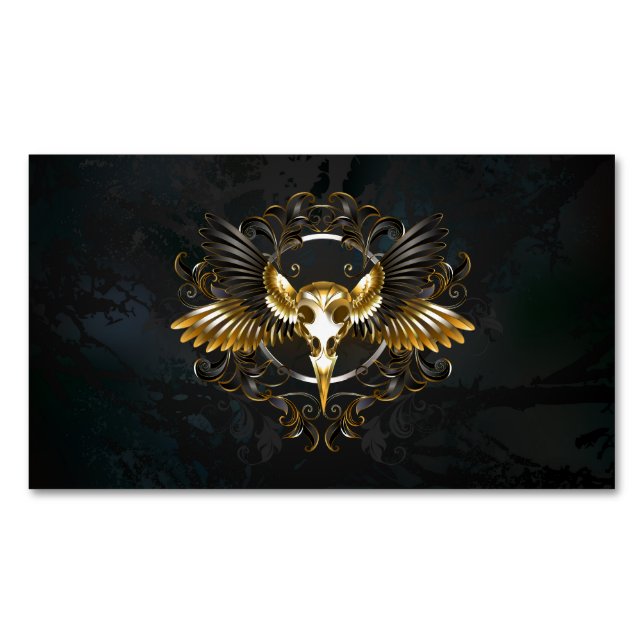 Golden Bird Skull on Black background Business Card Magnet (Front)