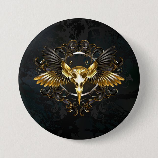 Golden Bird Skull on Black background Button (Front)