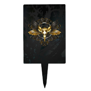 Golden Bird Skull on Black background Cake Topper