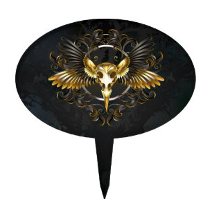 Golden Bird Skull on Black background Cake Topper