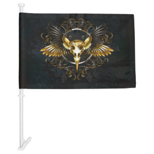 Golden Bird Skull on Black background Car Flag