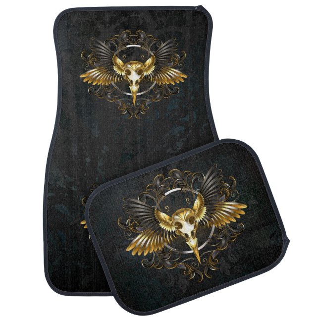 Golden Bird Skull on Black background Car Floor Mat (Set)