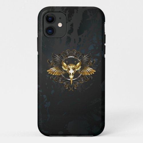 Golden Bird Skull on Black background iPhone 11 Case