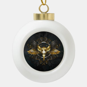 Golden Bird Skull on Black background Ceramic Ball Christmas Ornament
