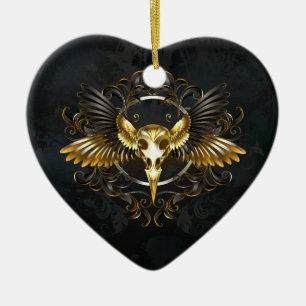 Golden Bird Skull on Black background Ceramic Ornament