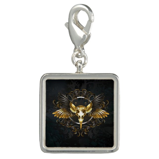 Golden Bird Skull on Black background Charm (Front)