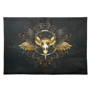Golden Bird Skull on Black background Cloth Placemat