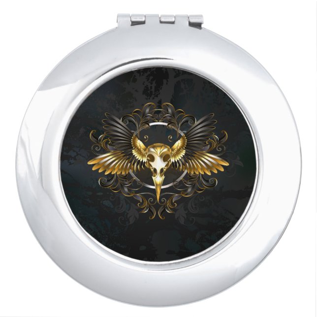 Golden Bird Skull on Black background Compact Mirror (Front)