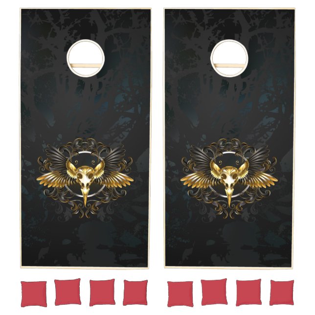 Golden Bird Skull on Black background Cornhole Set (Set)