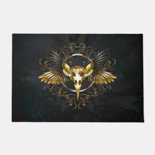 Golden Bird Skull on Black background Doormat