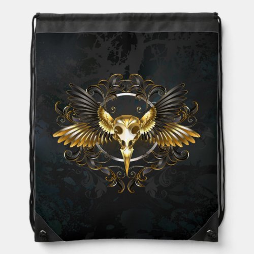Golden Bird Skull on Black background Drawstring Bag