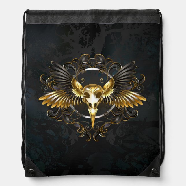 Golden Bird Skull on Black background Drawstring Bag (Front)