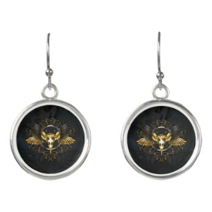Golden Bird Skull on Black background Earrings