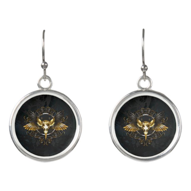 Golden Bird Skull on Black background Earrings (Front)