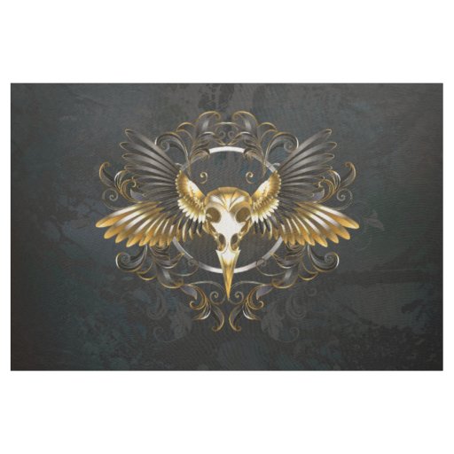 Golden Bird Skull on Black background Fabric