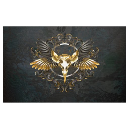 Golden Bird Skull on Black background Fabric