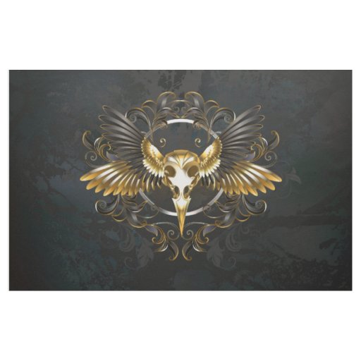 Golden Bird Skull on Black background Fabric
