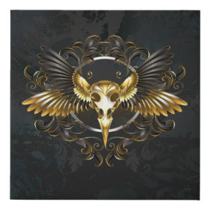 Golden Bird Skull on Black background Faux Canvas Print