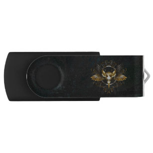 Golden Bird Skull on Black background Flash Drive