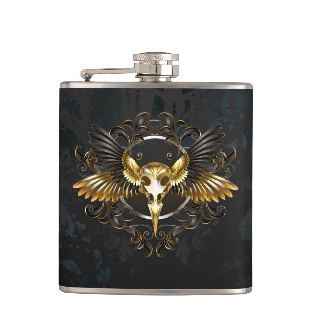 Golden Bird Skull on Black background Flask (Front)
