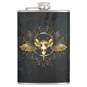 Golden Bird Skull on Black background Flask
